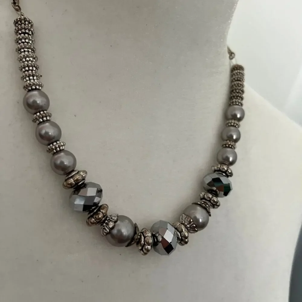 Silver tone pearl charm adjustable fancy elegant chic necklace